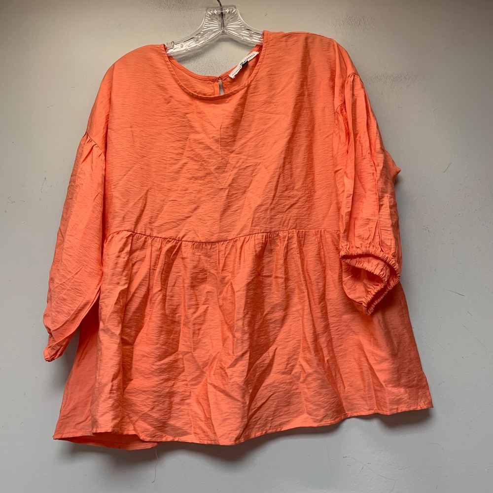 Michelle McDowell Babydoll Top Womens Large Coral Orange Peplum 3/4 Sleeve 12563